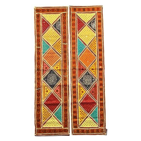 Vintage Other - Vintage Rajasthani Sari Embroidered Patchwork Mirrored Tile Wall Hanging Panels